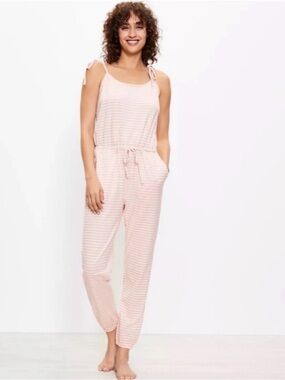 LOFT Sleep Bow Strap Pajama Romper Pink And White Size M NEW